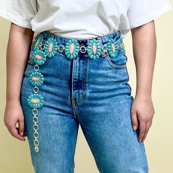 Turquoise and Silver Fashion Concho Belt - Picture 1 of 2